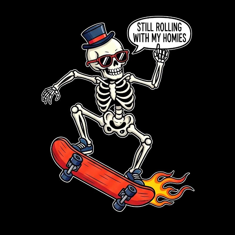 Skeleton on skateboard with hat and sunglasses