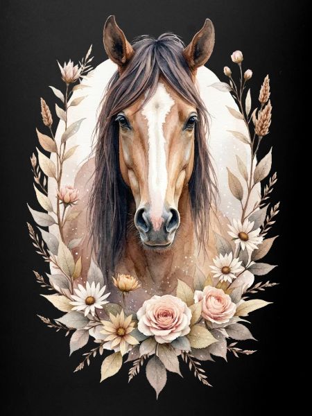 Braunes Pferd mit Rosen