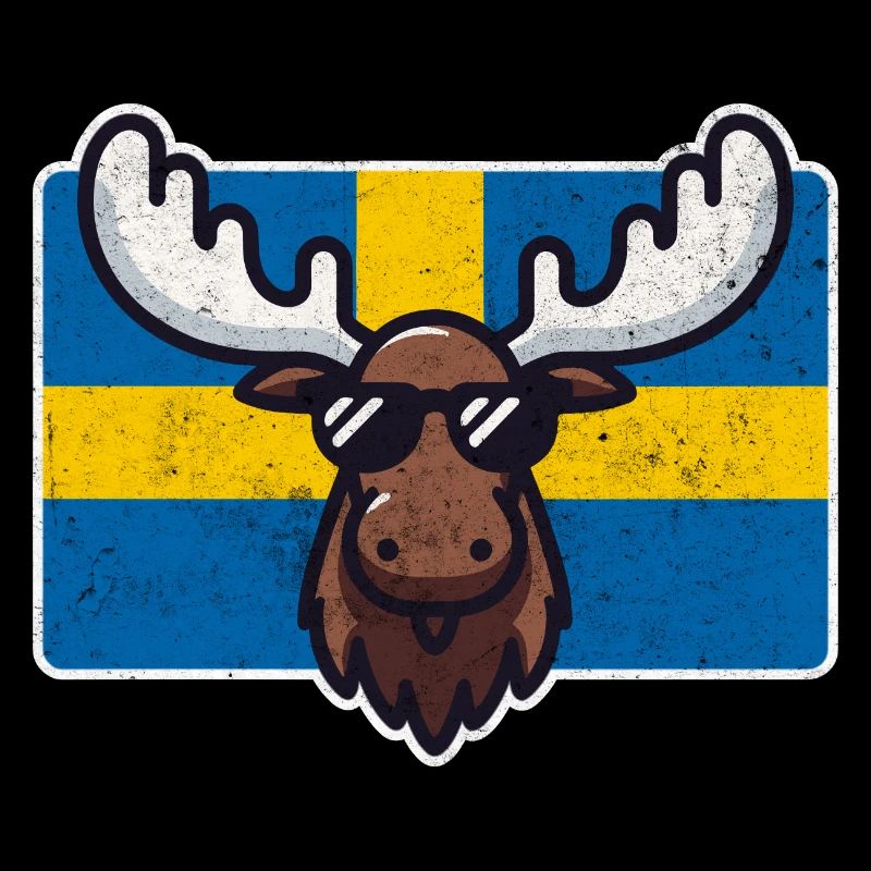 Elch mit Sonnenbrille und schwedischer Flagge