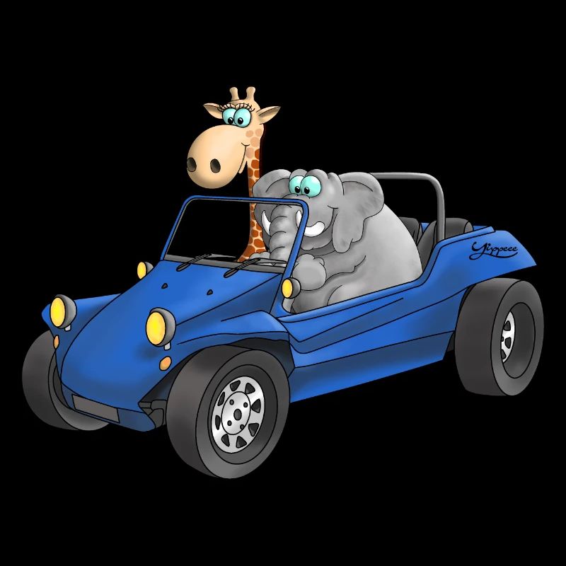 Elefant und Giraffe in Buggy