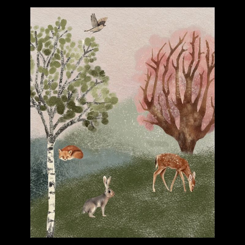 Waldfuchs, Hirsch und Vogel