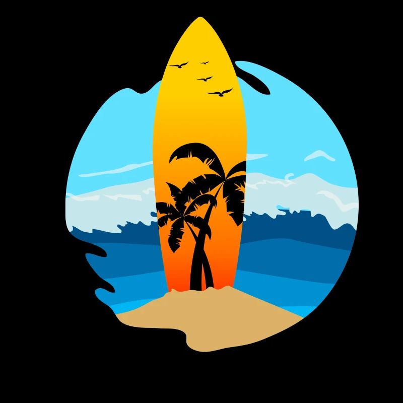 Une planche de surf avec des palmiers coincés dans le sable