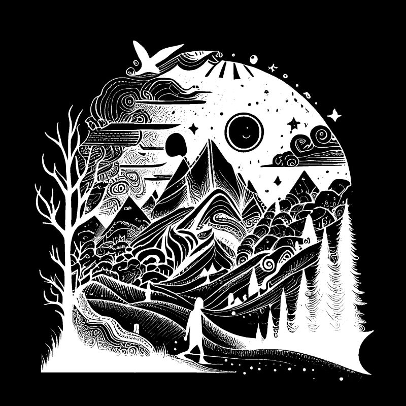 Hikers, landscape with mountains, trees and patterns