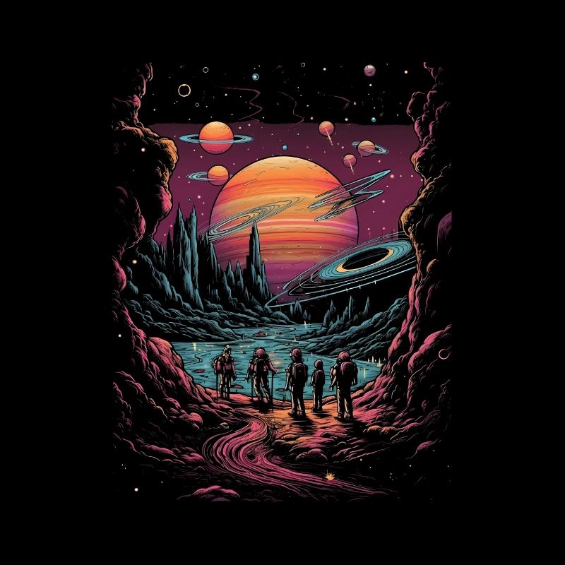Surrealist hiking group in the universe Saturn