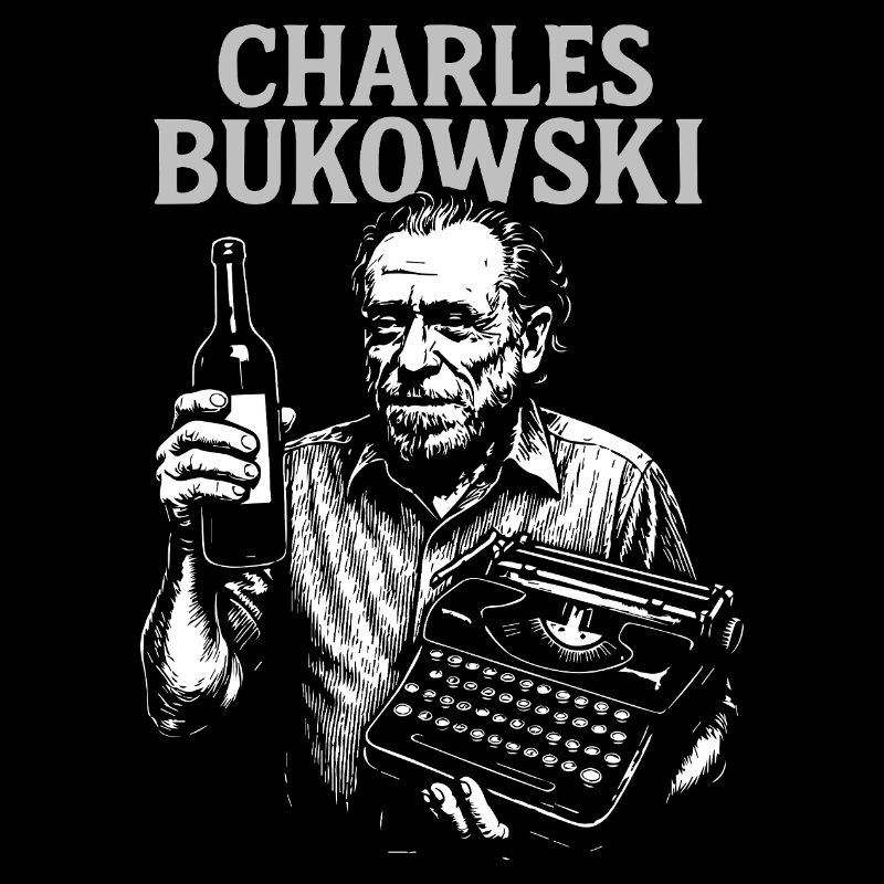 Charles Bukowski with wine and typewriter.