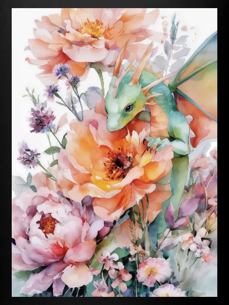 Dragon aquarelle et jardins fleuris