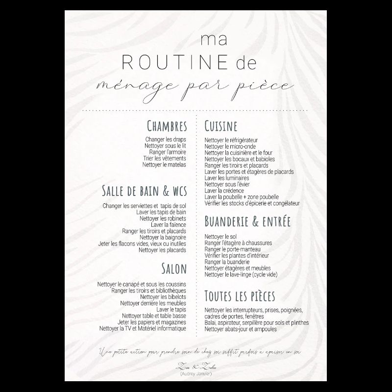 Ma routine de ménage par pièce - To do list