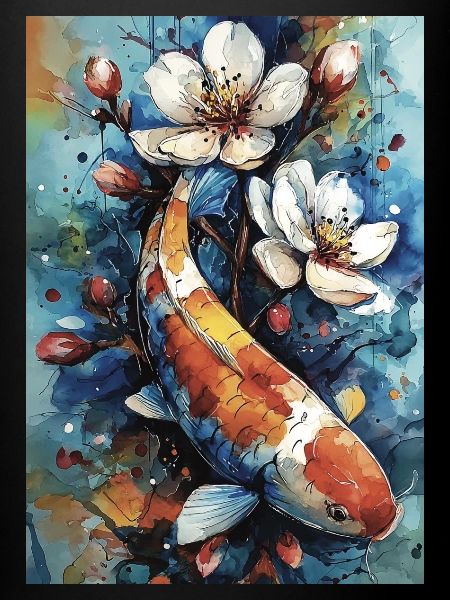 Aquarell-Koi und Blumen