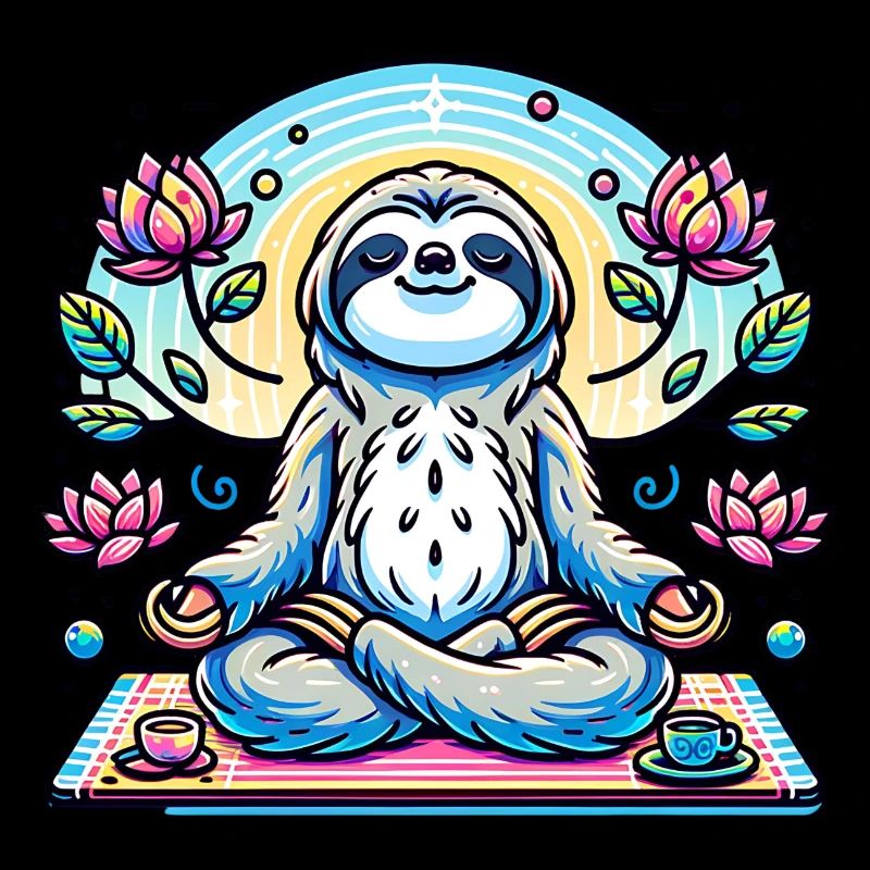 Meditating sloth with flowers and tea