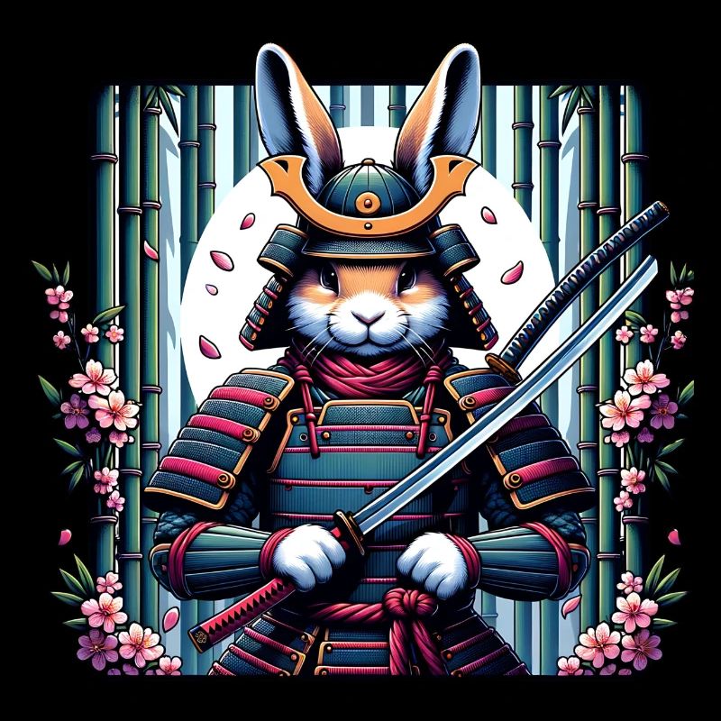 Lapin guerrier samouraï avec fleurs de cerisier