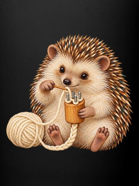 Igel arbeitet mit einer Strickliesel