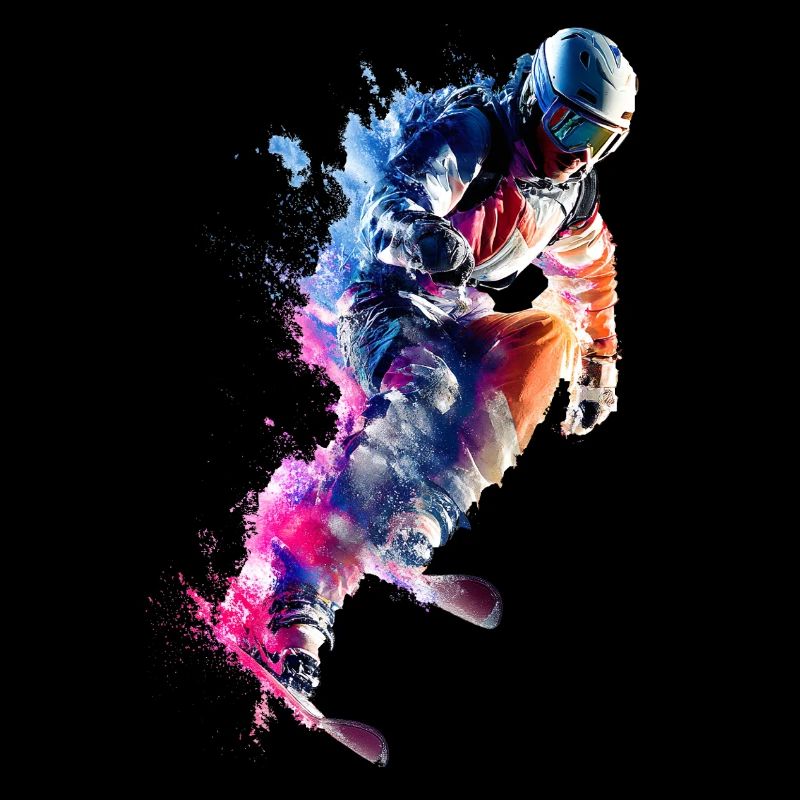 Farbexplosion Snowboarder Sprung