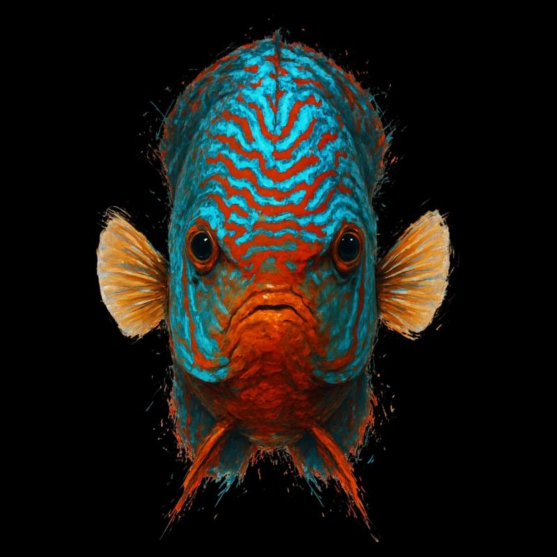 Blauer und oranger Diskusfisch mit intensiven Augen