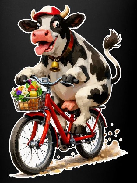 Vache sur vélo avec panier