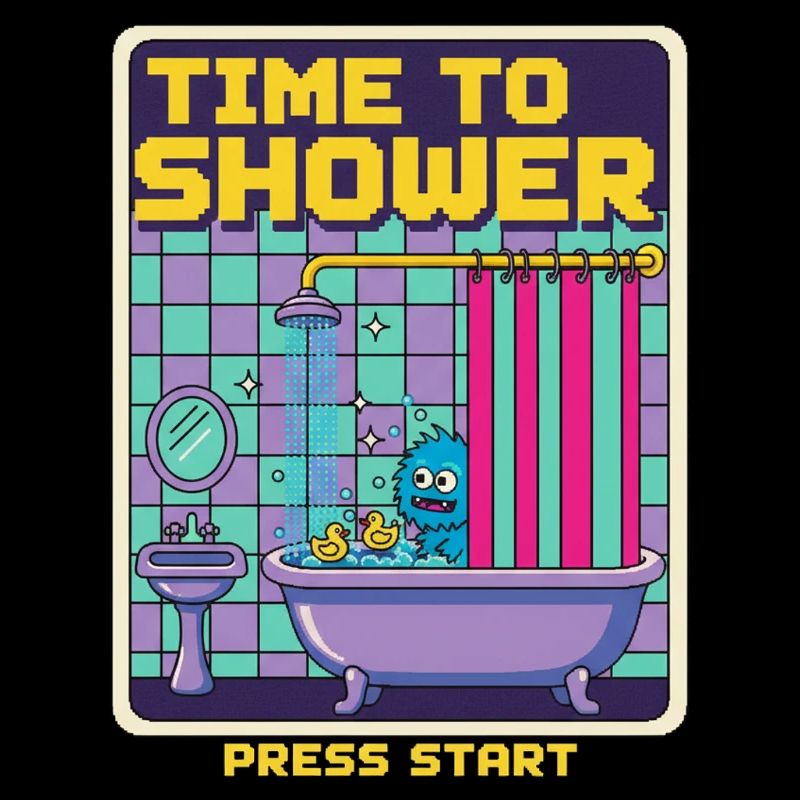 Time To Shower Monster Retro Pixel Bath Game Funny