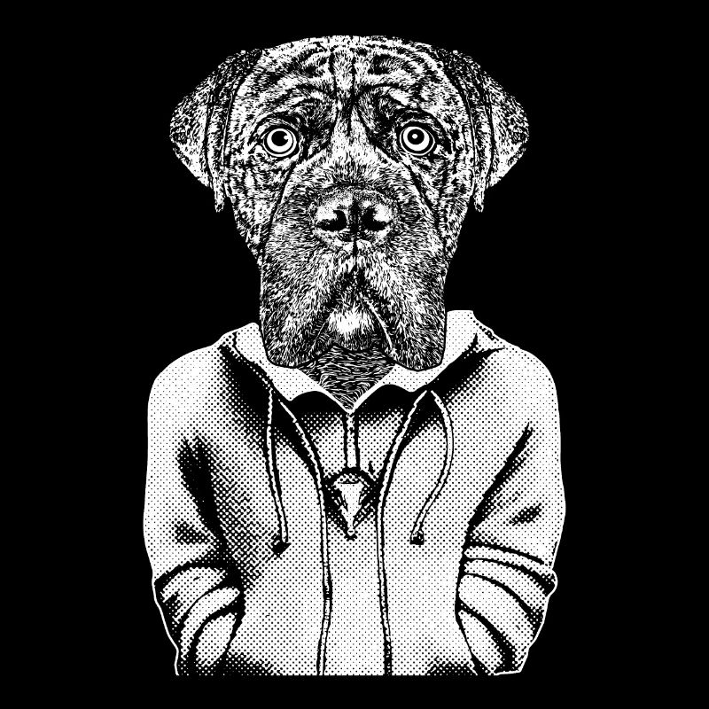 Chien boxer au look perçant dans un style comique.