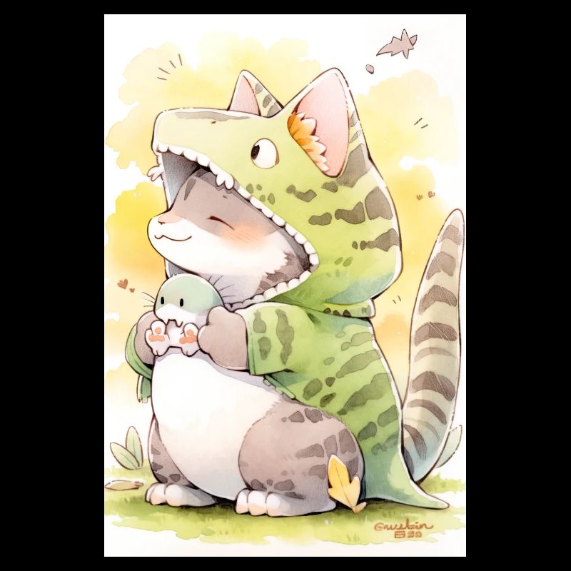Dino Kitty: Adorable dessin d’un chat d’anime mignon