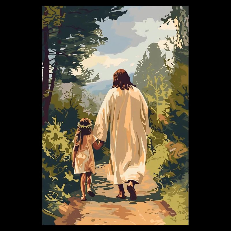 Jesus wandert mit einem kleinen Mädchen,