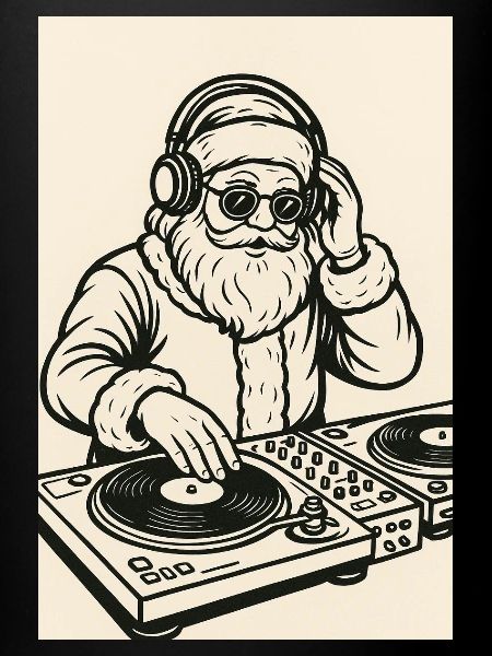 Père Noël DJ sur platines