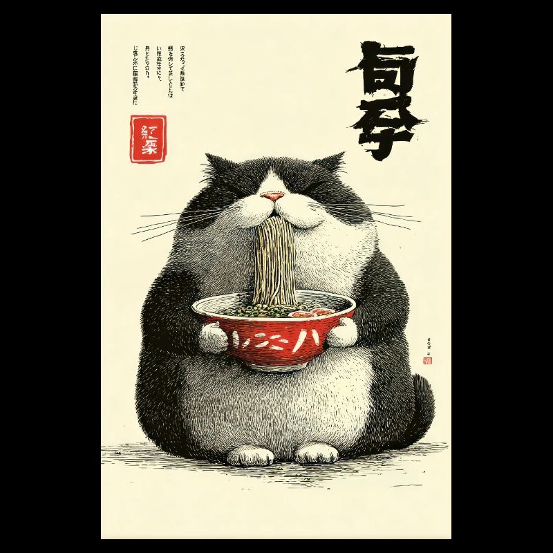 Neko Noodle Feast in Ukiyo-e Style