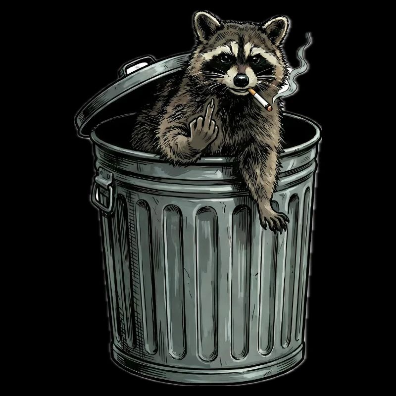 Trash PandaFrecher Waschbär im Mülleimer Zigarette