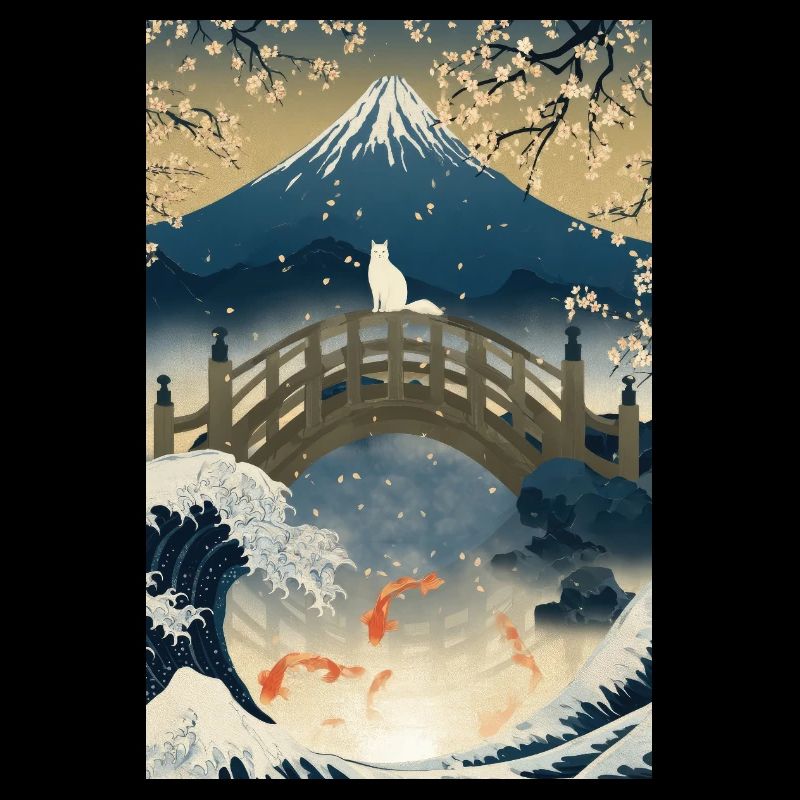Cat on Bridge Beneath Mount Fuji Night