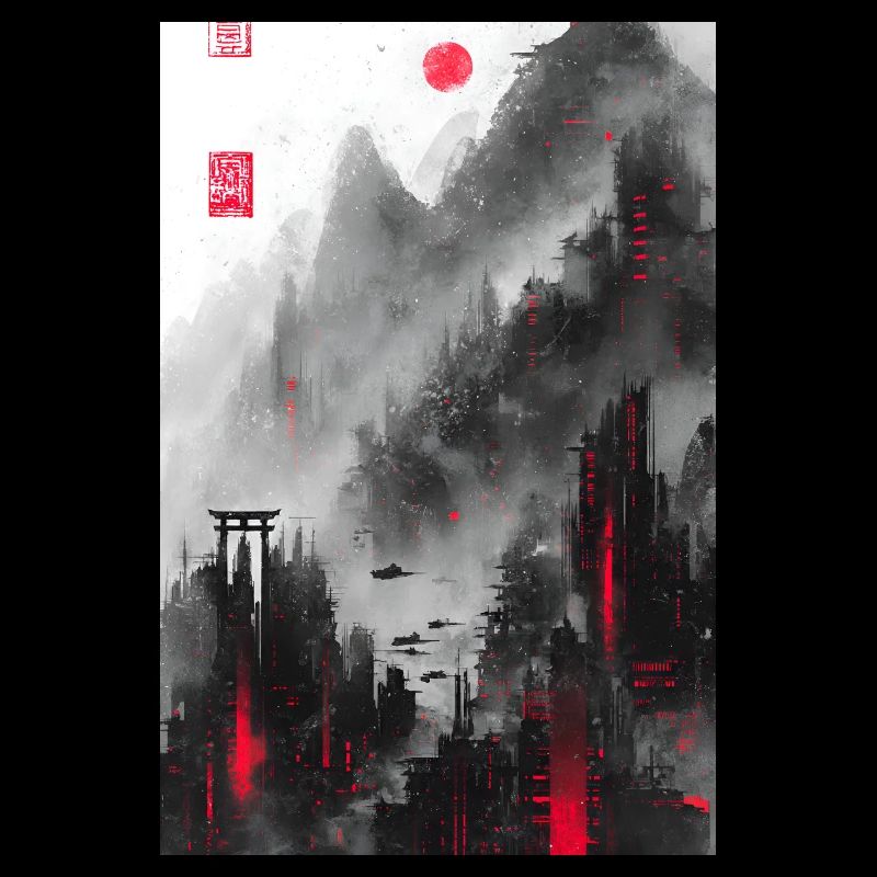 Neo Tokyo – Cyberpunk Sumi-e Red Black