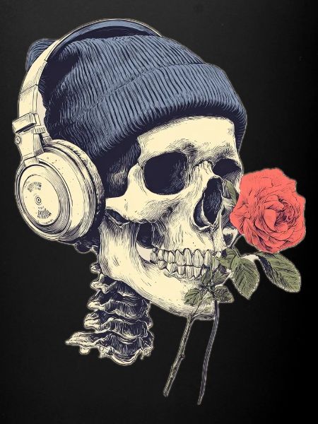 Crâne avec casque et rose