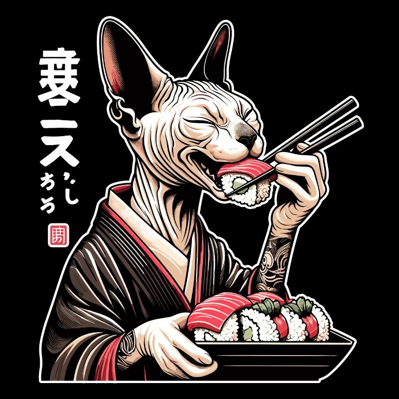 A happy Sphynx cat in kimono sushi