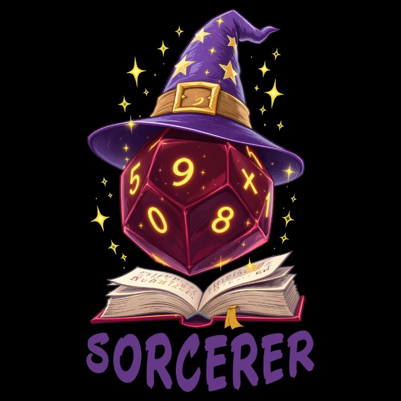 W20 schwebend über Buch – Sorcerer Cartoon