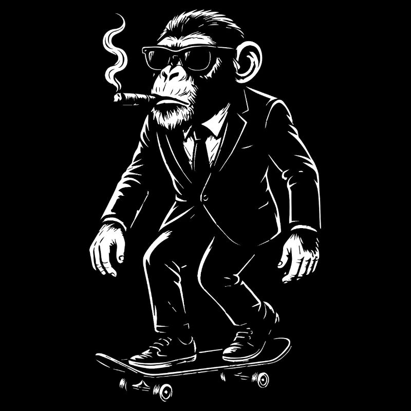 Funny chimp in suit on Skateboard