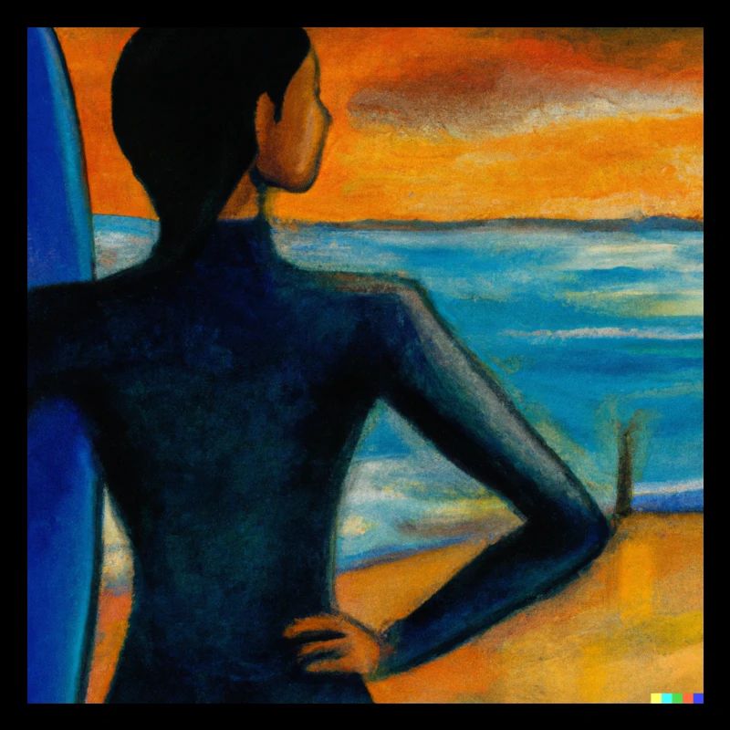 Un surfeur regardant vers le coucher du soleil