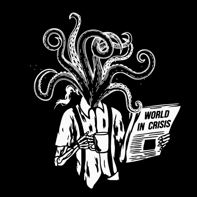 Coffee-drinking skeleton with tentacles, newspaper