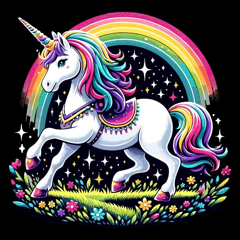 Fairytale unicorn in front of a rainbow