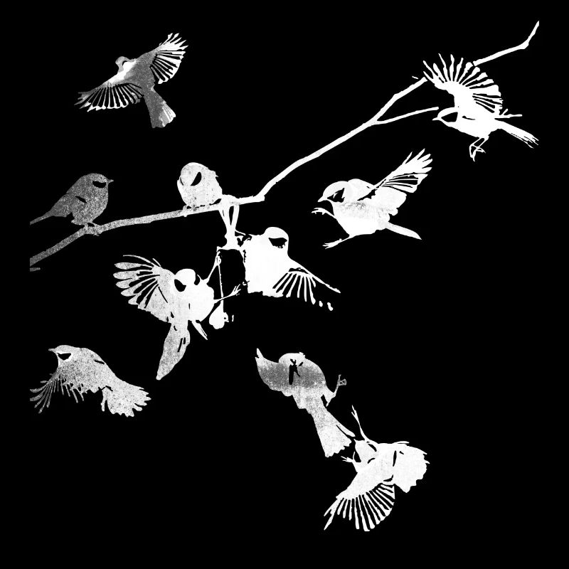 Birds, branches, titmice, swarm, white, illustration