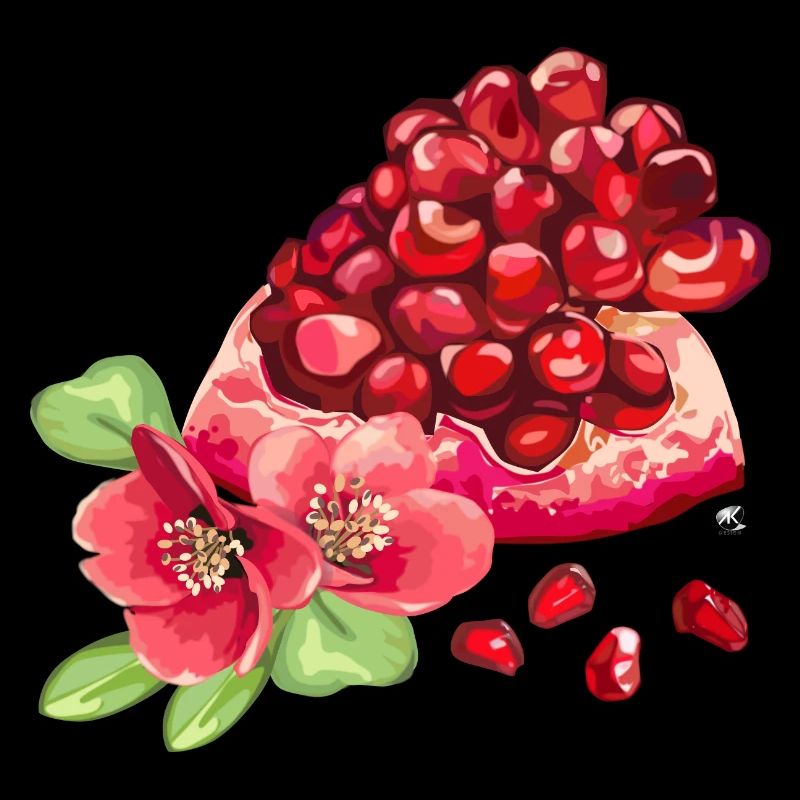 Morceau de grenade, fleurs et graines de grenade