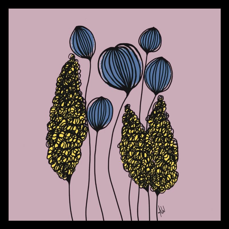 Dessin Fleurs Fine Line Abstrait Bleu Jaune Rose