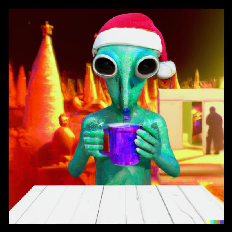 Alien with Christmas hat drinks mulled wine