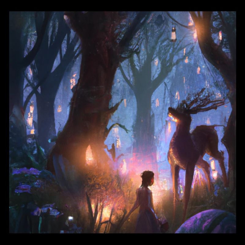 Fille dans une forêt magique entourée d’animaux