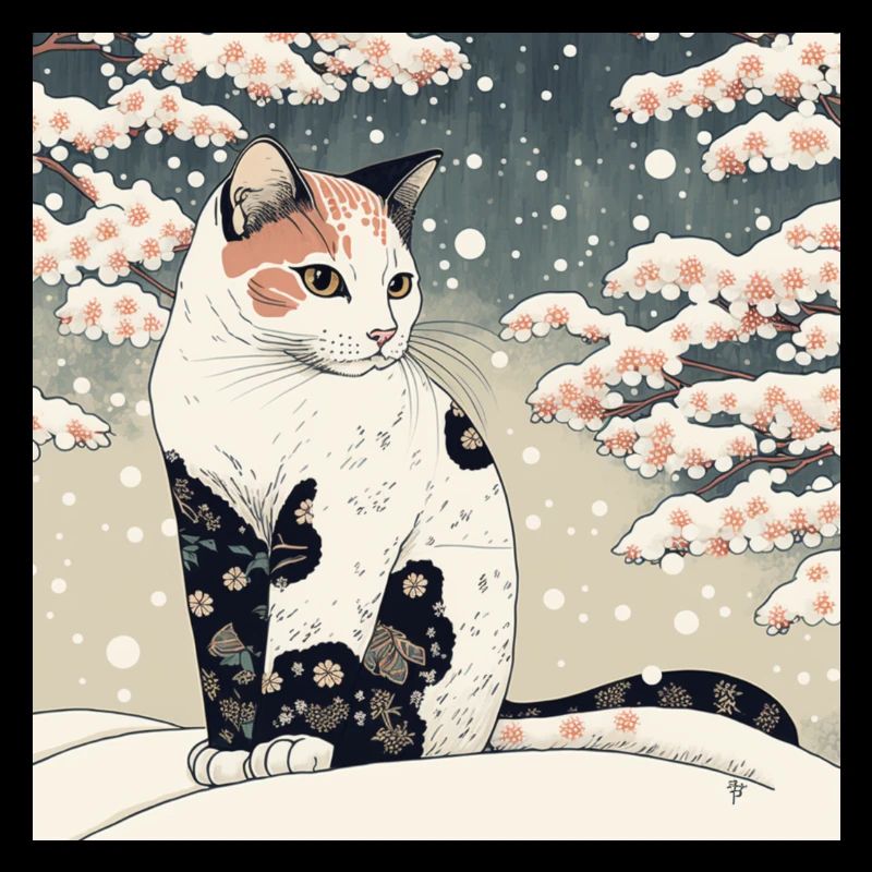 Snow Covered Cat In Ukiyo-E