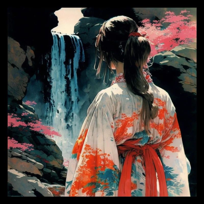 Femme en kimono devant une cascade