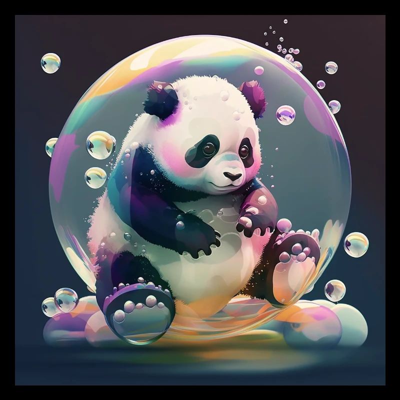 Un mignon panda joue avec une affiche à bulles de savon