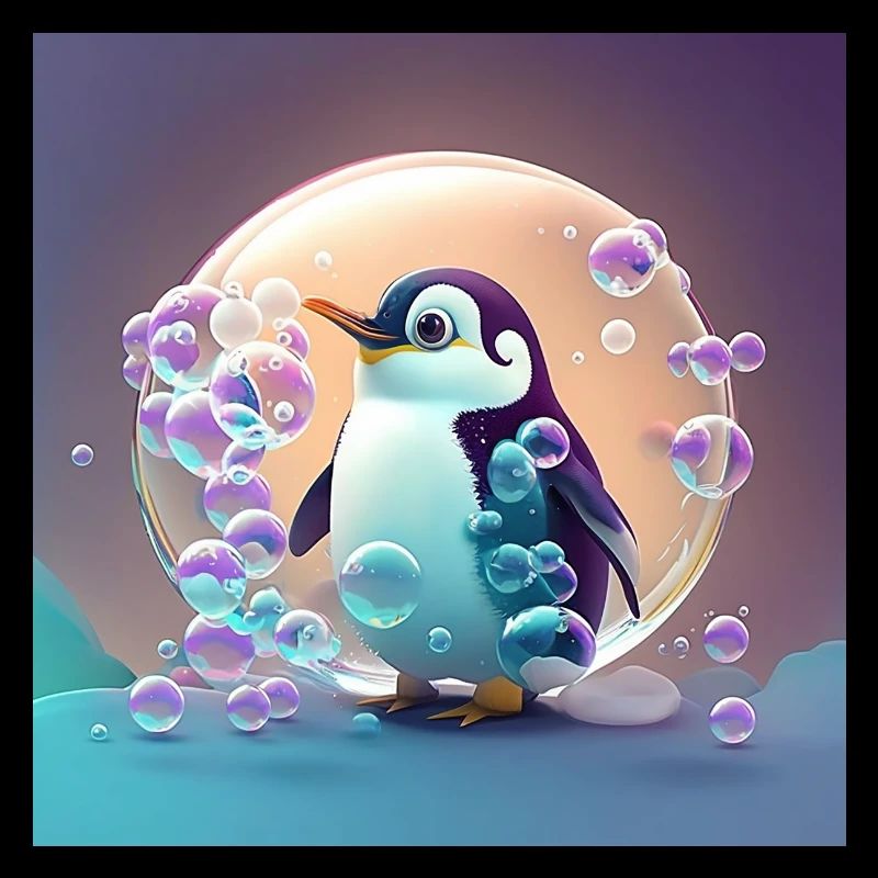 Un pingouin mignon joue avec l’affiche à bulles