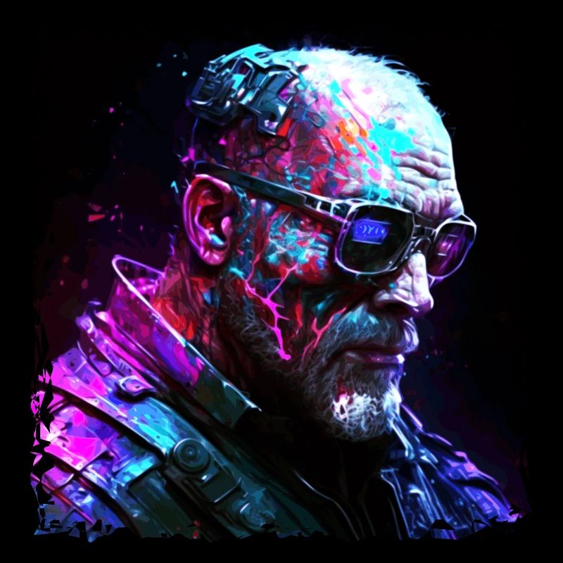 Old high-tech cyborg or android in neon light