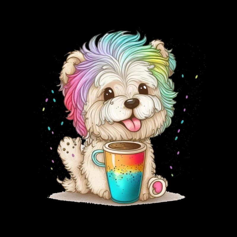 Süßer bunter Hund mit Kaffee und Leckerchen