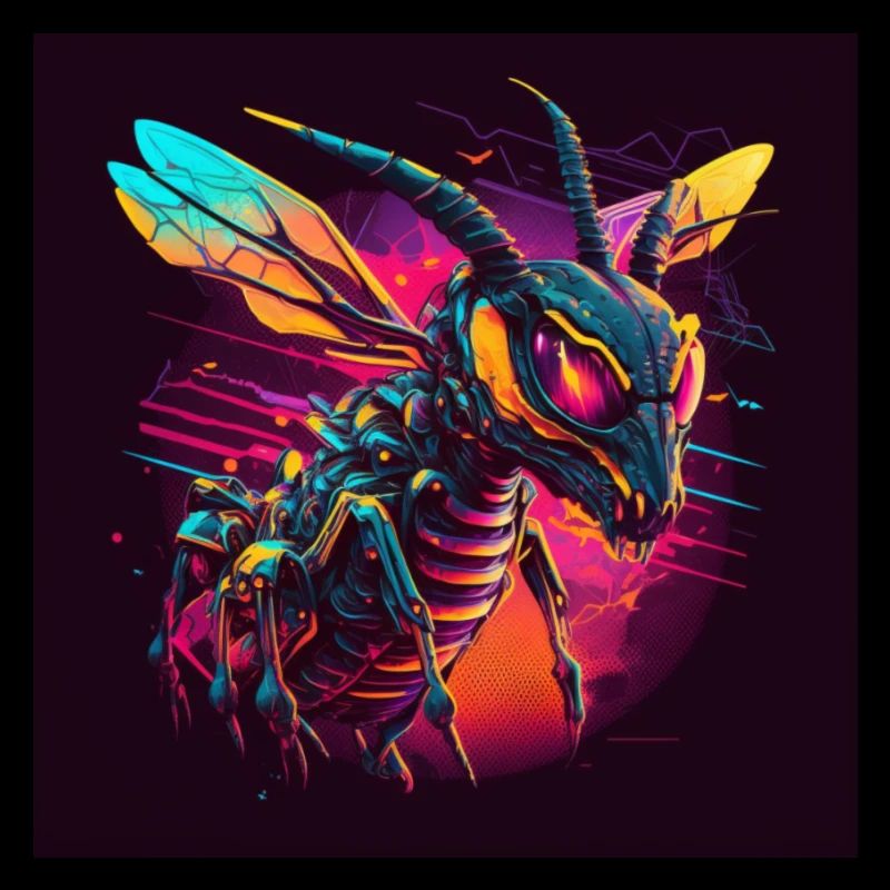 Guêpe aux couleurs néon, synthwave / années 80