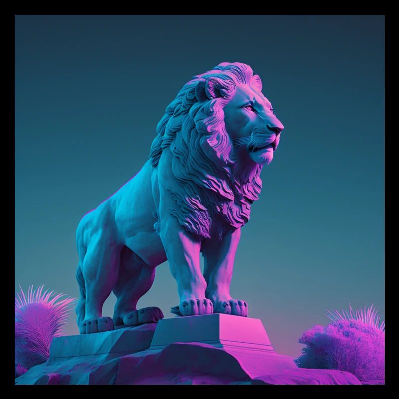 STATUE DE LION VAPORWAVE, art moderne, couleurs néon
