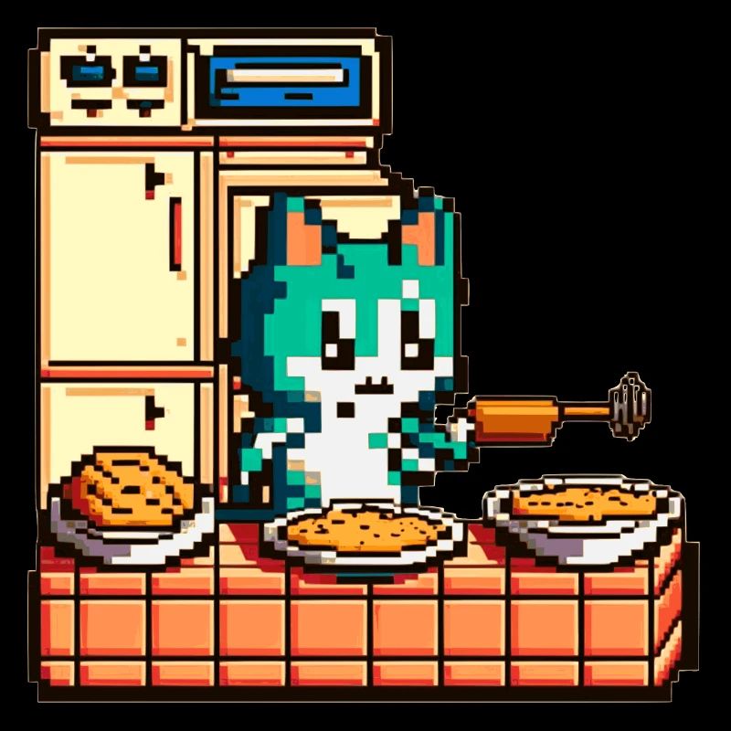 Chat en 8 bits comme chef cuisinier dans la cuisine aux fourneaux
