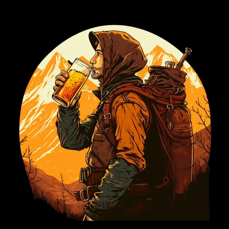 Wanderer mit Bier bei Sonnenuntergang. Outdoor