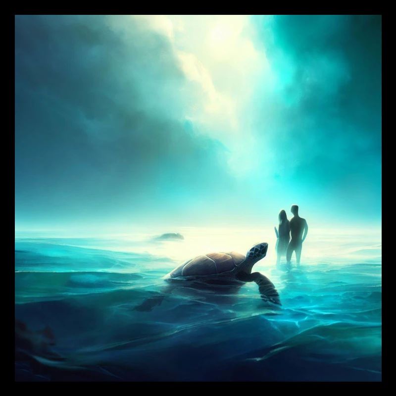 Paar mit Schildkrote im Ozean